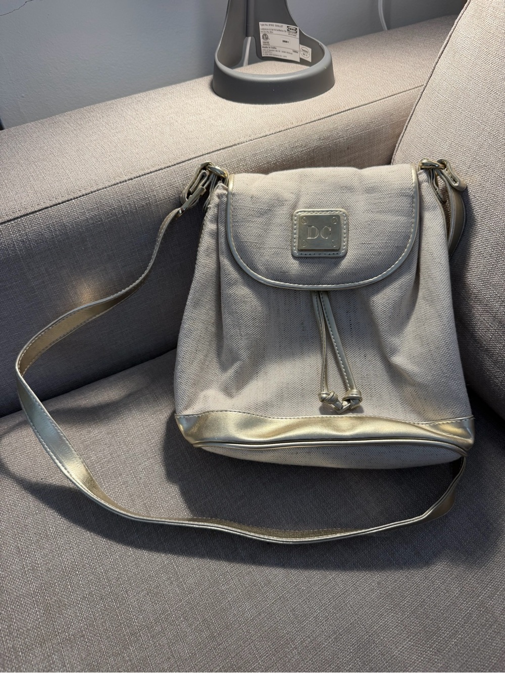 DC Light Gray Canvas Crossbody with Gold Accents